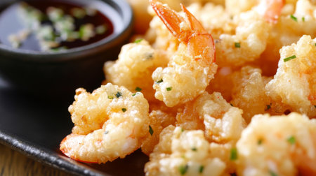 Close-up view of crispy fried shrimp served with a savory dipping sauce. Perfect for appetizers, snacks, or party platters, showcasing delicious seafood.の素材