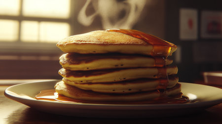 A beautiful stack of fluffy pancakes steaming with delicious maple syrup, perfect for breakfast or brunch. Ideal for food photography and recipes.の素材