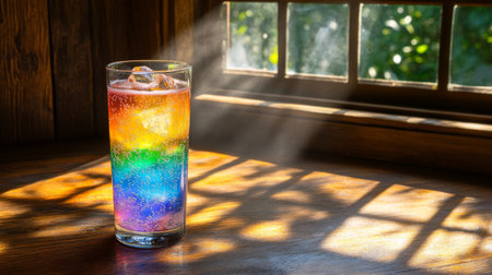 A vibrant glass of refreshing drink catches sunlight, showcasing colorful ice cubes and mesmerizing condensation. Perfect for summer vibes and relaxation.の素材
