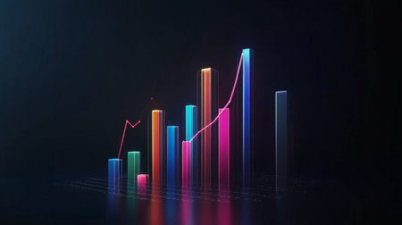Vibrant neon graphs representing growth and data insights on a dark background. Ideal for business presentations, reports, or digital analyses.の素材