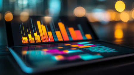 A sleek tablet displays a vibrant data visualization, showcasing colorful graphs and analytics in a modern setting, ideal for technology and business themes.の素材