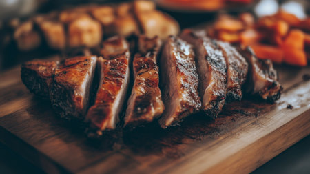 A beautifully plated medium rare steak sliced and presented on a wooden board, perfect for culinary photography and gourmet food displays.の素材