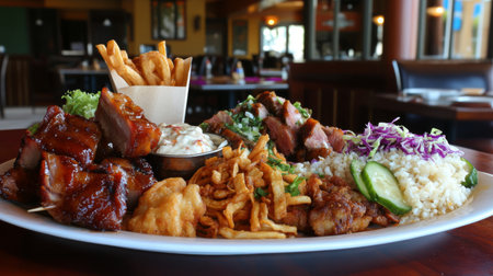A vibrant platter showcasing a delightful variety of grilled meats, fried items, and fresh sides, perfect for a satisfying meal at any time.の素材