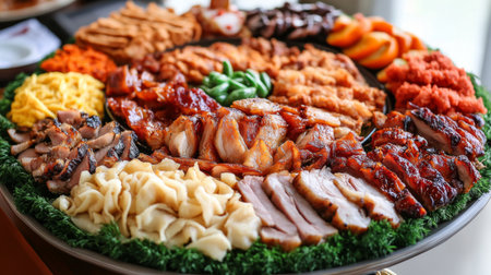 A vibrant platter showcasing a variety of Asian dishes, featuring meats, vegetables, and noodles, perfect for celebrations and gatherings. Enjoy an exquisite culinary experience.の素材