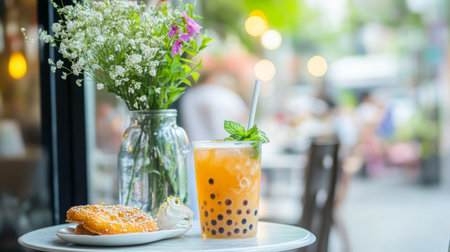 A vibrant setup featuring a refreshing drink and dessert beside a flower vase, perfect for casual dining experiences in an outdoor cafe setting.の素材