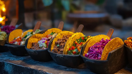 Vibrant assortment of tacos showcasing fresh ingredients and rich flavors, perfect for gatherings, events, or food photography.の素材