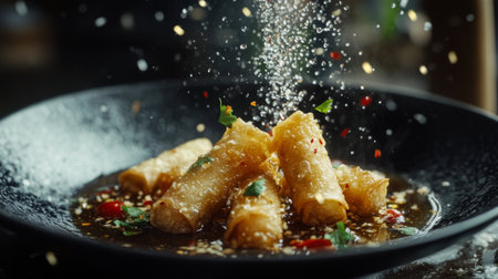 A close-up view of crispy spring rolls garnished with spices and herbs, served on a dark plate, perfect for illustrating delicious cuisine.の素材