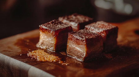 Indulge in these beautifully glazed meat blocks, showcasing rich flavors and textures. Perfect for culinary presentations or gourmet meals.の素材