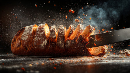 A rustic loaf of freshly baked bread is sliced with a knife, scattering flour and crumbs, creating a warm and inviting atmosphere in the kitchen.の素材
