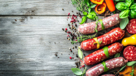 A vibrant assortment of meats, herbs, and spices arranged on a rustic wooden table, perfect for culinary creations and food styling.の素材