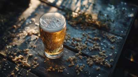 A refreshing glass of beer sits on a rustic wooden table, surrounded by scattered grains. The golden liquid sparkles in the natural light, creating a cozy atmosphere perfect for relaxation.の素材