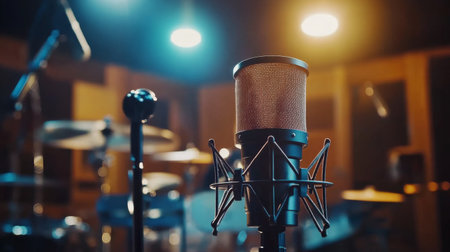 Close-up view of a microphone in a recording studio, highlighting its design and the creative atmosphere, perfect for music production and audio projects.の素材