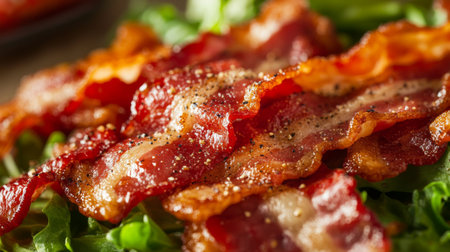 A tempting arrangement of crispy bacon slices atop fresh greens, creating a delicious blend perfect for salads or breakfast dishes. Ideal for food photography.の素材