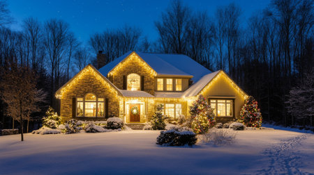 A cozy home beautifully adorned with festive holiday lights amidst a winter wonderland, surrounded by snow-covered trees and a serene atmosphere.の素材