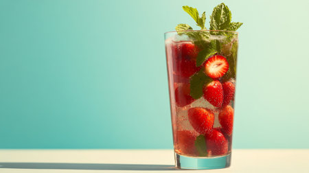 A vibrant glass filled with fresh strawberries and mint, offering a refreshing drink perfect for summer gatherings or relaxation moments.の素材