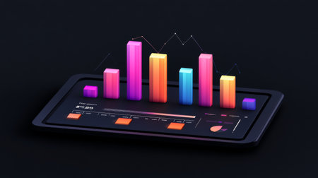 Vibrant data visualization displayed on a digital tablet, showcasing colorful bars and graphs. Ideal for business reports and tech presentations.の素材