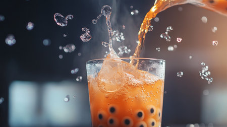 A vibrant orange drink splashes into a glass filled with ice, creating a refreshing and lively scene perfect for summer refreshments and vibrant gatherings.の素材