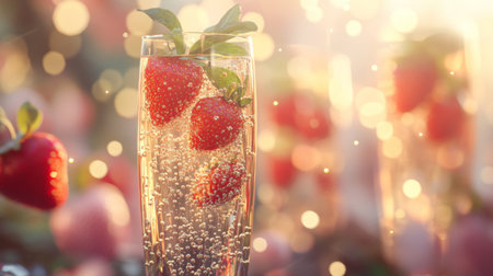 A refreshing sparkling beverage featuring strawberries and mint leaves in a glass, capturing the essence of celebration and joy, perfect for summer occasions.の素材