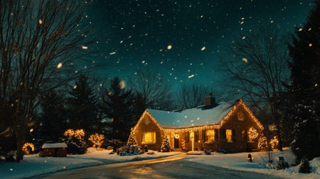 A charming winter home adorned with festive lights, surrounded by snow-covered trees, creating a serene and magical holiday atmosphere at night.の素材