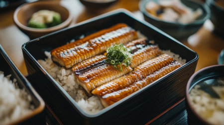 A beautifully presented bowl of grilled eel served over rice, garnished with green onion. Perfect for showcasing Asian culinary culture and dining experiences.の素材