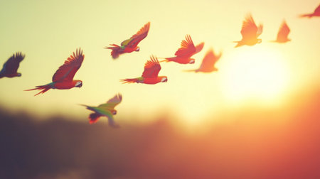 A stunning view of colorful parrots in flight against a warm sunrise. The vibrant scene captures the essence of freedom and the beauty of nature.の素材