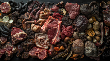 A diverse arrangement of raw meat cuts displayed artistically on a dark surface. This image highlights the textures and colors of various meat types, perfect for culinary themes.の素材