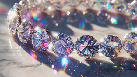 A closeup of shimmering diamonds arranged elegantly on a smooth surface, showcasing brilliant reflections and light play. Perfect for luxury themes.の素材