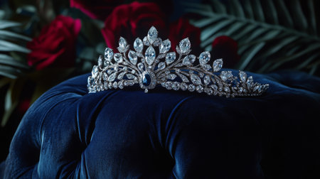 An elegant tiara with gemstones sits atop plush blue fabric, surrounded by roses, evoking a sense of luxury and sophistication in this stunning composition.の素材