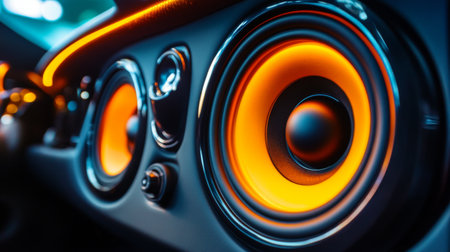 Close-up view of vibrant car audio speakers featuring dynamic orange lighting. This image captures the intricate design and quality of sound equipment in a modern vehicle.の素材