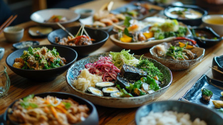 A vibrant spread of Asian dishes beautifully arranged on a wooden table, showcasing a variety of colorful ingredients, flavors, and textures for a delightful dining experience.の素材