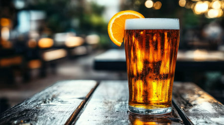 Enjoy a refreshing glass of beer served with a slice of orange on a rustic wooden table, perfect for outdoor gatherings or casual moments.の素材