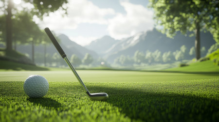 A tranquil golf course scene featuring a golf ball and club, framed by lush green grass and majestic mountains under bright sunlight. Perfect for sports enthusiasts.の素材