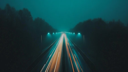 A stunning view of a foggy roadway illuminated by soft lights, capturing the ethereal beauty of night traffic. Perfect for themes of urban serenity and travel.の素材