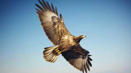 A stunning eagle soars gracefully through a clear blue sky, showcasing its impressive wingspan and beautiful feathers. Ideal for nature enthusiasts.の素材