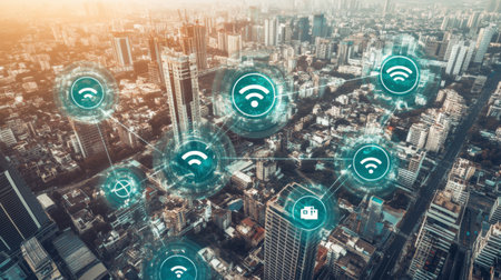 A stunning aerial view of a modern city with digital connectivity icons overlay. The image represents urban technology and the evolving landscape of smart infrastructure.の素材