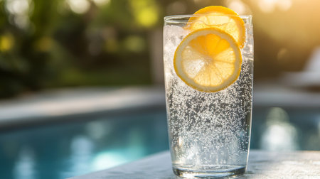 Enjoy a refreshing lemon drink by the pool, featuring sparkling water and bright lemon slices. Perfect for summer relaxation and hydration.の素材