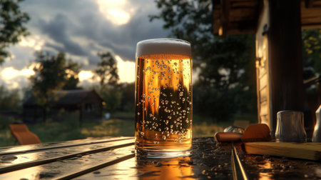 A glass of refreshing beer rests on a wooden table, surrounded by a beautiful outdoor scene. Ideal for showcasing leisure and relaxation in nature.の素材