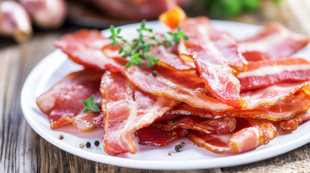 A plate of crispy bacon garnished with fresh thyme. This image captures the mouthwatering appeal of a classic breakfast favorite. Perfect for food-related projects.の素材
