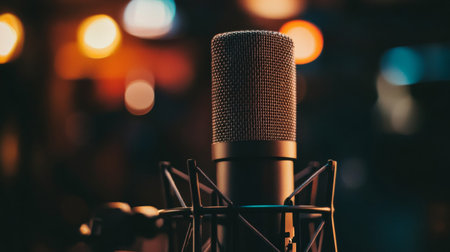 A close-up view of a professional microphone designed for audio recording in various settings. Perfect for capturing vocals and enhancing sound clarity.の素材