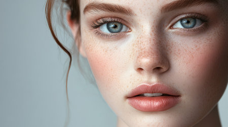 A stunning close-up portrait of a young woman with freckles, showcasing her natural beauty and soft skin tones. The serene expression highlights her mesmerizing blue eyes.の素材