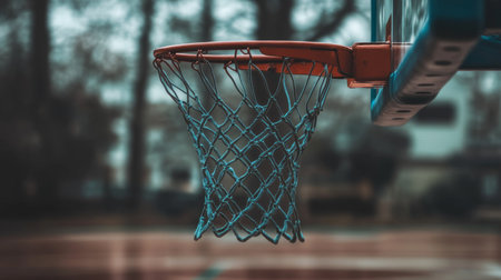 A close-up of a basketball hoop and net hanging in an outdoor court, set in a soft-focus background, capturing the essence of the sport.の素材