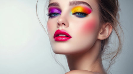 A stunning portrait of a young woman showcasing vibrant and artistic makeup. The bold colors highlight her features, reflecting beauty and confidence.の素材