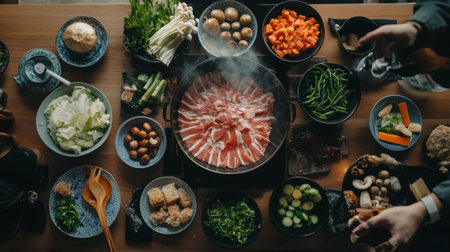 A vibrant hot pot scene featuring fresh ingredients ready for cooking. The table displays an array of vegetables, meats, and noodles, inviting a communal dining experience.の素材