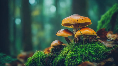 A charming scene of vibrant mushrooms nestled in soft moss, surrounded by a quiet forest. This photo captures the delicate beauty of fungi in their natural habitat.の素材