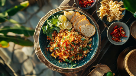 A vibrant plate of savory fried rice garnished with fresh herbs, accompanied by slices of bread, chilies, and lemon, perfect for any meal setting.の素材