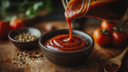 A delicious tomato sauce pours into a rustic bowl, showcasing vibrant color and rich texture. Perfect for enhancing various dishes and recipes.の素材