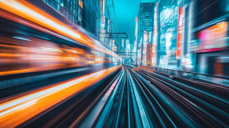 A dynamic scene of an urban train speeding through a brightly lit city at night, showcasing vibrant lights and a sense of modernity and energy.の素材