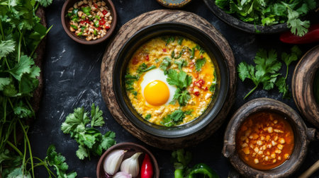 A vibrant display of fresh ingredients featuring a delicious egg dish. Perfect for culinary projects, showcasing the beauty of healthy cooking.の素材