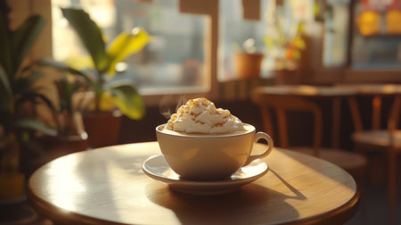 A cozy cup of coffee topped with whipped cream sits on a wooden table, surrounded by warm sunlight and a tranquil cafの素材