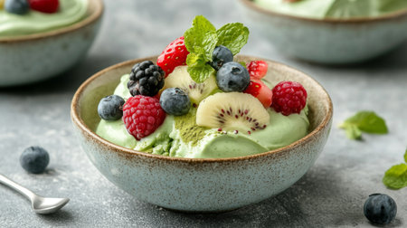 A vibrant dessert featuring creamy mint ice cream topped with fresh berries and sliced fruits. Perfect for summer gatherings or special occasions.の素材
